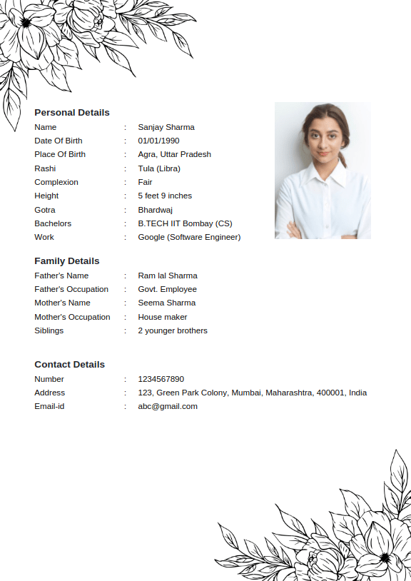Marriage biodata template design 8: Bold Bloom