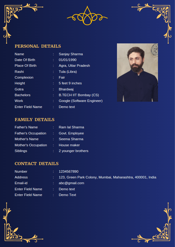 Marriage biodata template design 5: Royal Blue