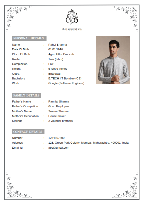 Marriage biodata template design 4: Vintage Grey