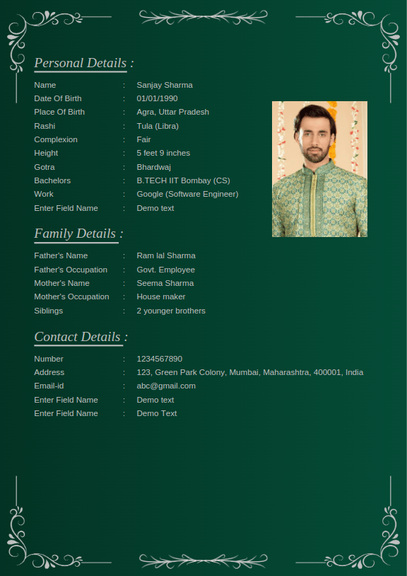 Marriage biodata template design 6: Emerald Vine