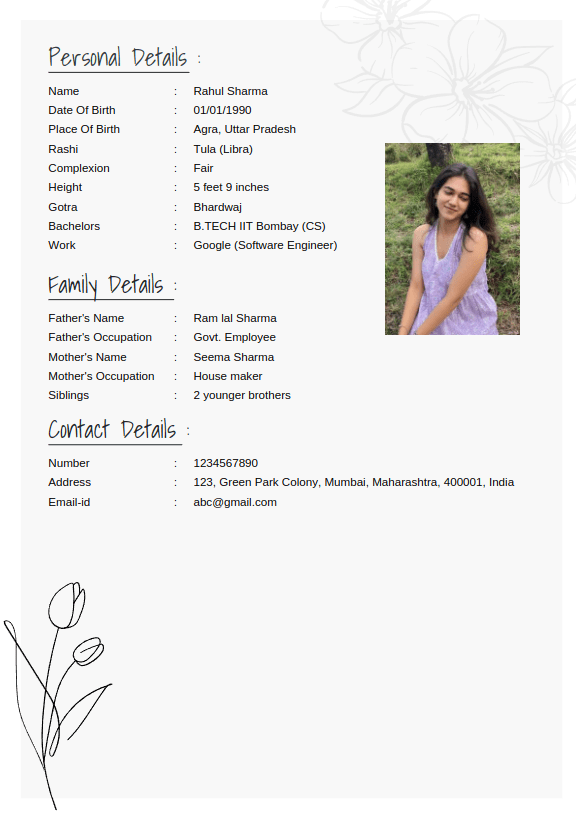 Marriage biodata template design 3: Floral Soft